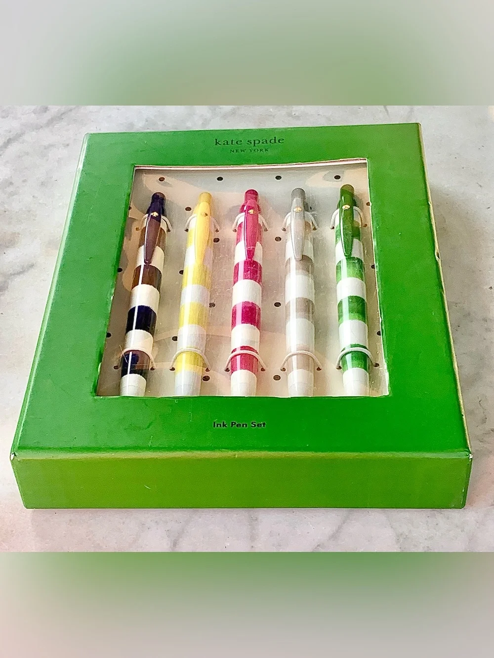 KATE SPADE NEW YORK RUGBY STRIPE PEN SET 5 Navy, Yellow, Pink, Gray, Green NIB